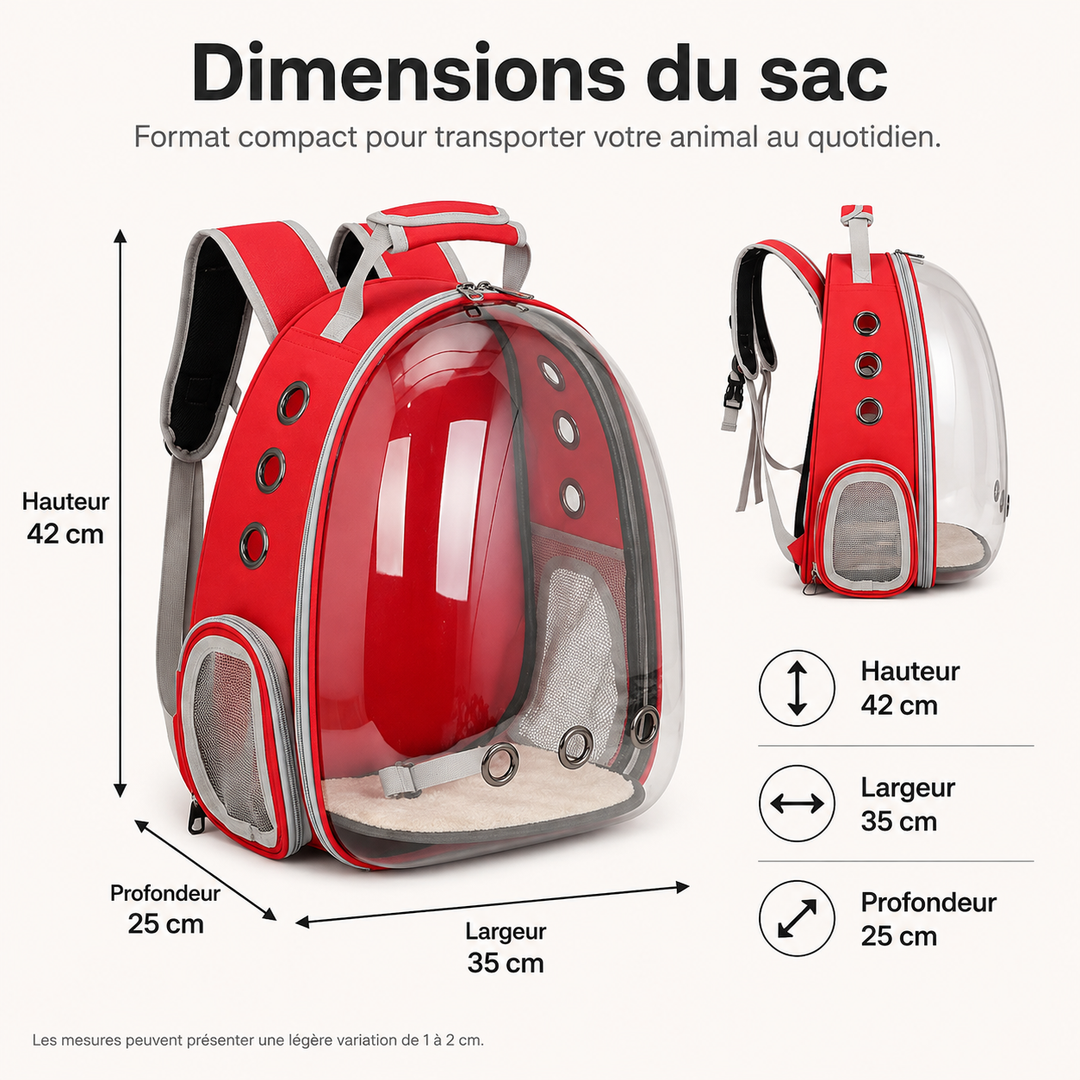 Sac de transport PetRoyale pour petits chiens et chats. Transparent pour la vue, aéré pour le confort.