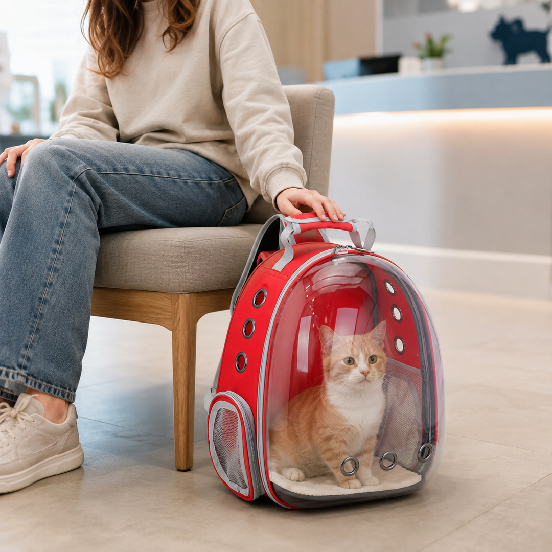Sac à dos de transport PetRoyale : sac transparent pour chat. Liberté de mouvement et vue extérieure.