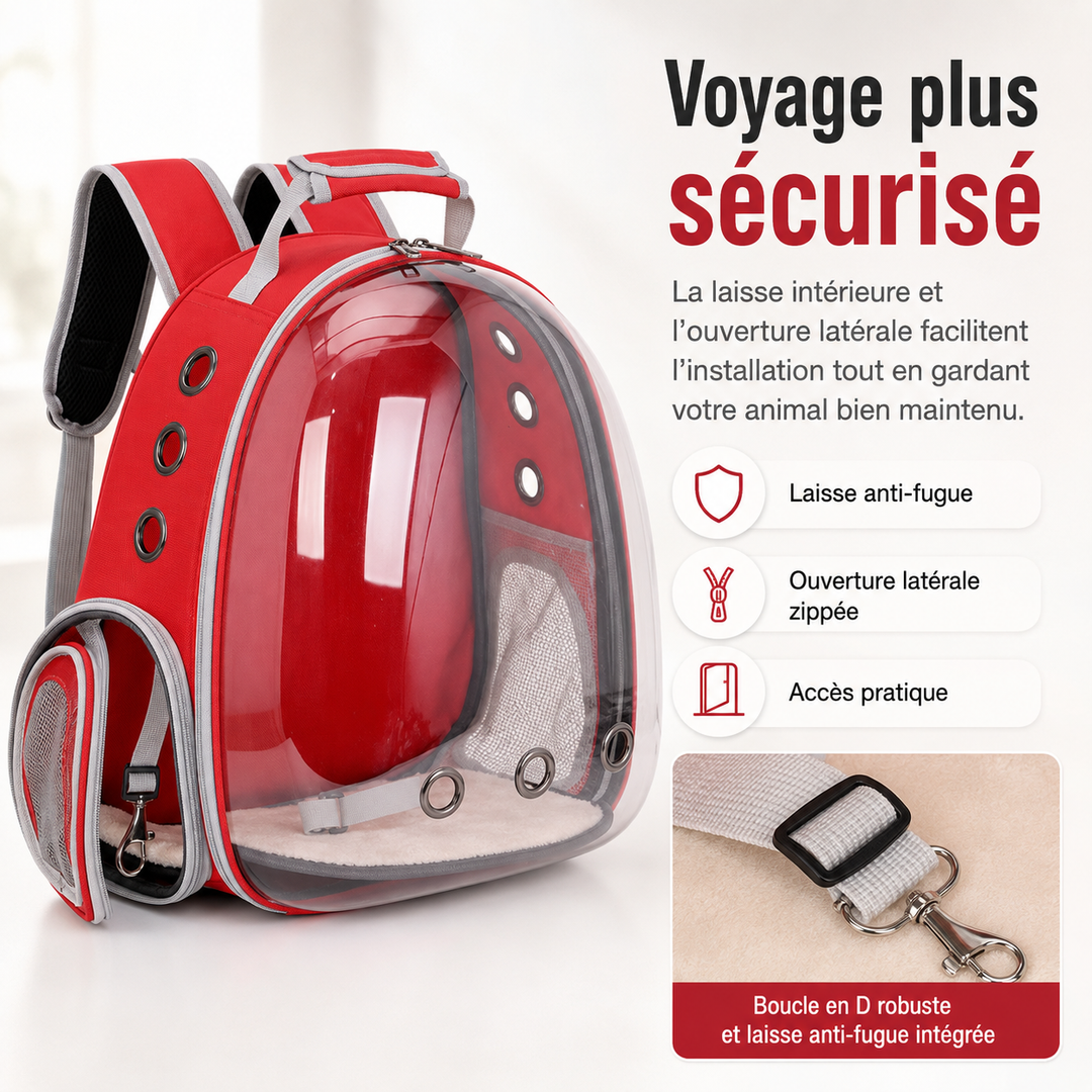 Sac de transport PetRoyale transparent. Design ergonomique pour chat, aération parfaite, sécurité garantie.