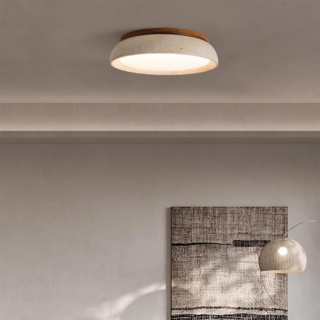 Lampe de plafond ronde en travertin naturel, éclairage LED moderne pour intérieur.