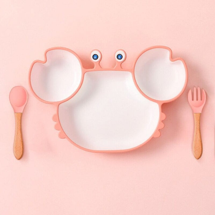 Assiette enfant antidérapante en silicone, forme de crabe. Idéale pour l'apprentissage de l'alimentation, un cadeau utile.