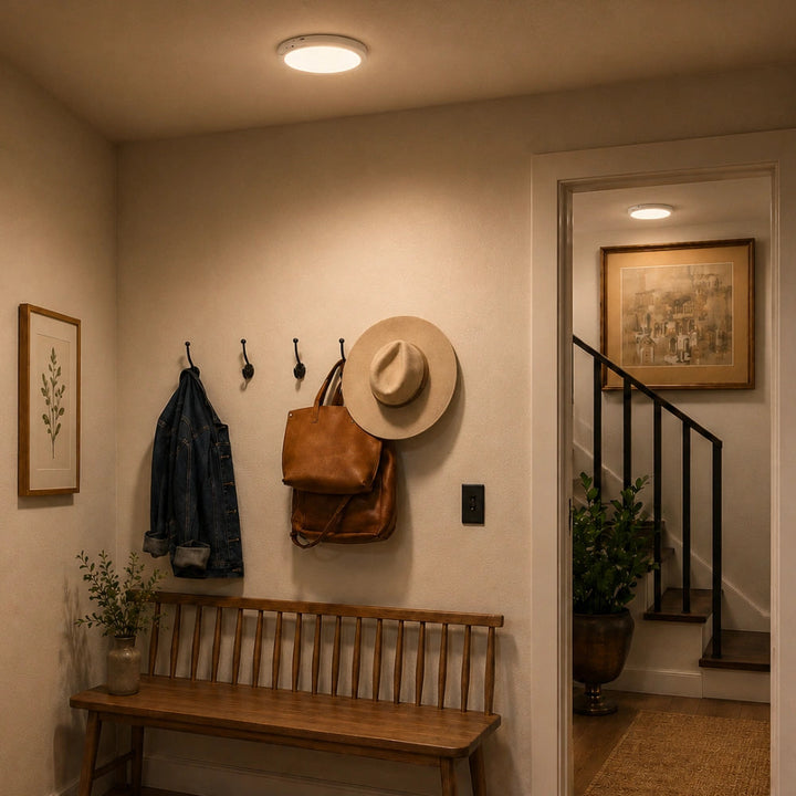 Lampe de plafond LED compacte, ambiance réglable, recharge USB-C, capteur de mouvement intégré.