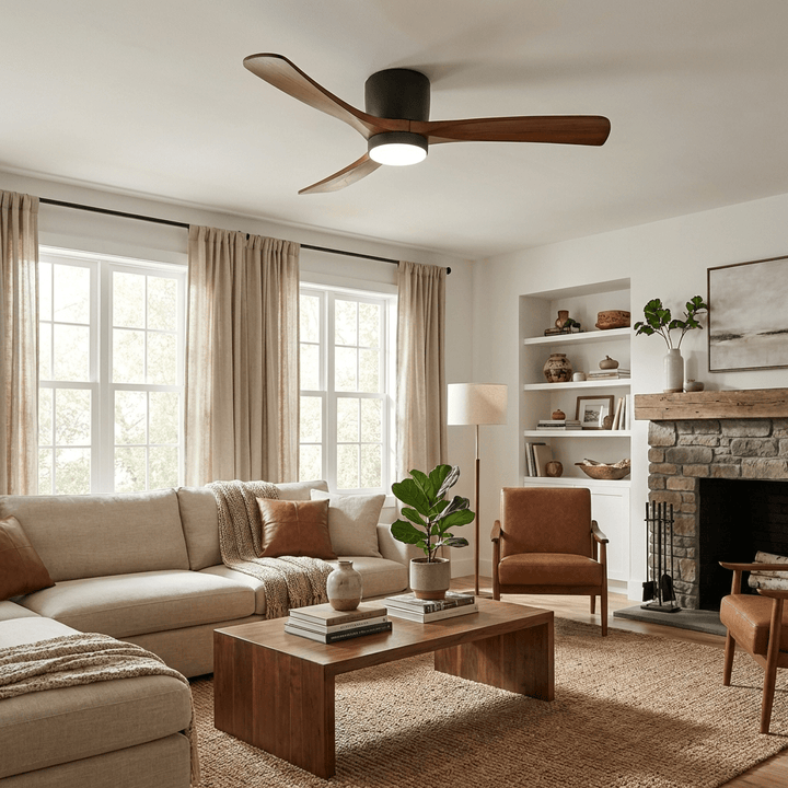 Plafonnier ventilateur LED, pales bois, lumière chaude, idéal pour intérieur et décoration maison.