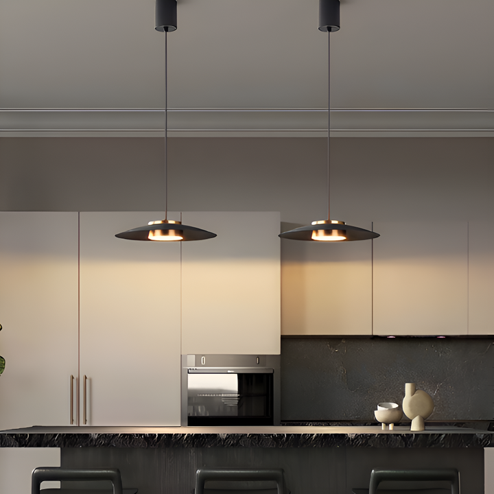 Lampe suspension industrielle noire, LED dimmable. Design épuré nordique pour un éclairage moderne et réglable.