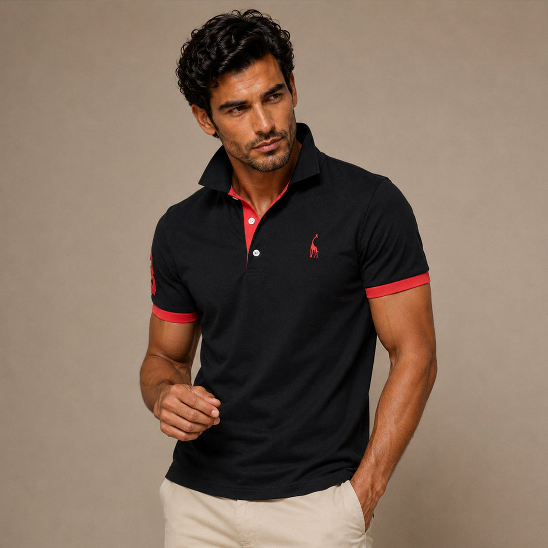 Polo homme vert, col contrasté, coupe ajustée. Vêtement casual chic pour un look décontracté élégant.