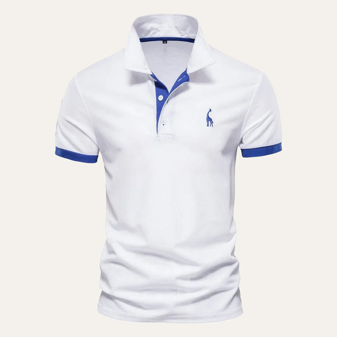 Polo coupe ajustée pour homme, col contrasté, manches courtes. Vêtement élégant et décontracté.
