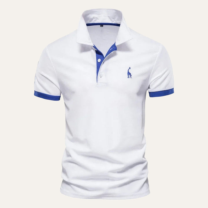 Polo coupe ajustée pour homme, col contrasté, manches courtes. Vêtement élégant et décontracté.