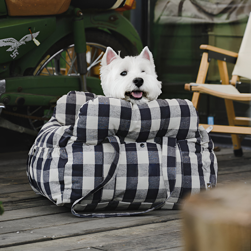 Chien heureux et détendu dans son siège de transport en voiture, voyage en toute sérénité.