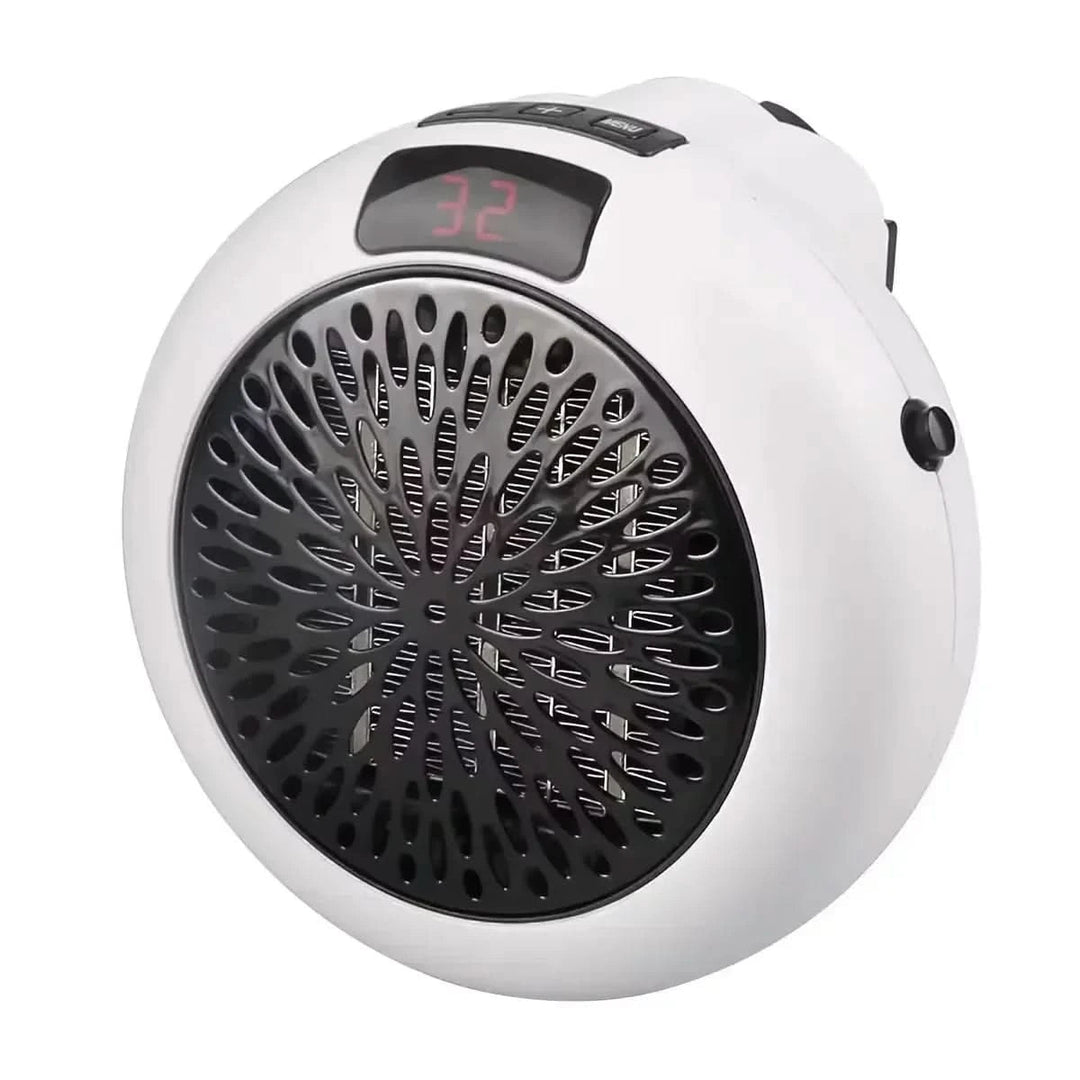 Chauffage d'appoint 800W sur un bureau, offrant chaleur instantanée et confort, télécommande incluse.