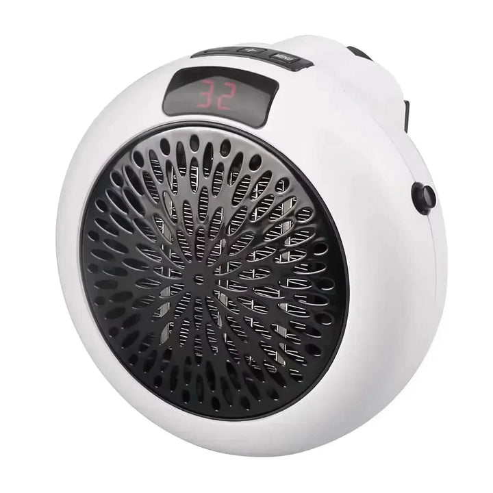 Chauffage d'appoint 800W sur un bureau, offrant chaleur instantanée et confort, télécommande incluse.