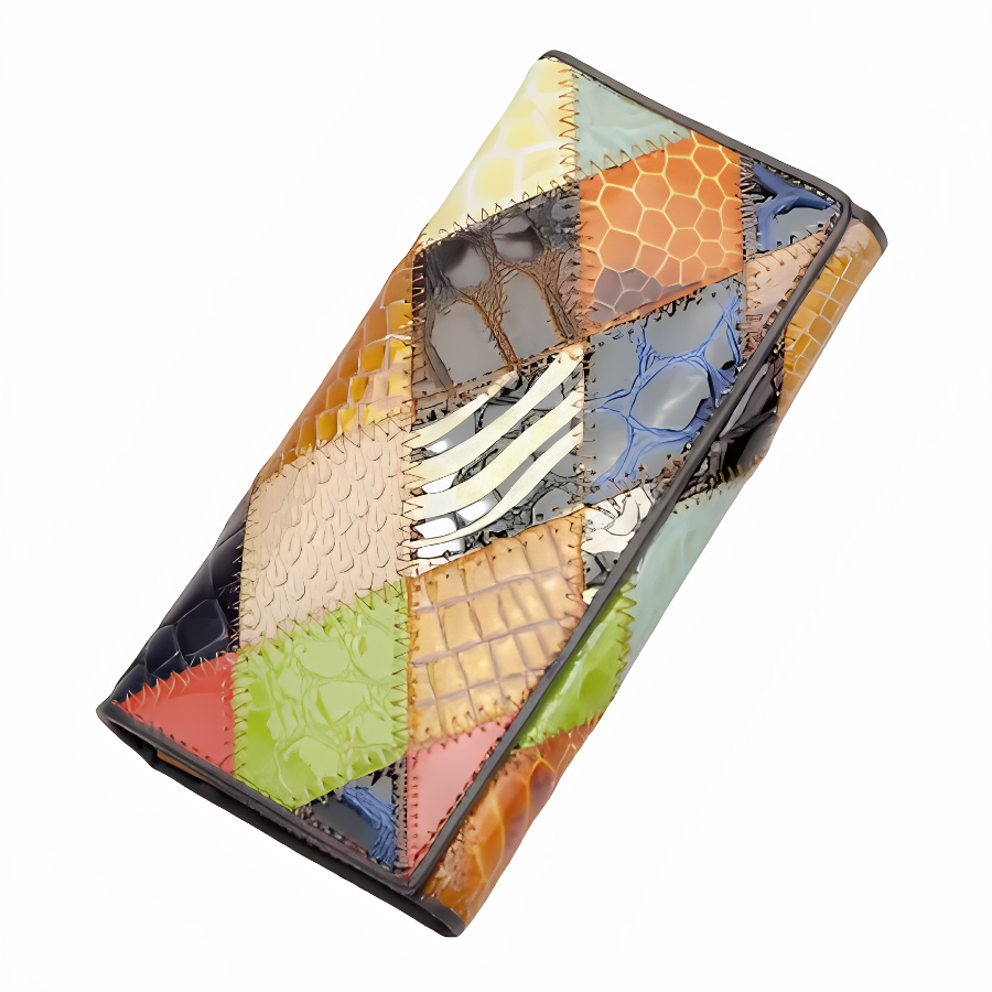 Portefeuille pour femme en cuir véritable, motif multicolore audacieux. Un accessoire bohème très stylé.