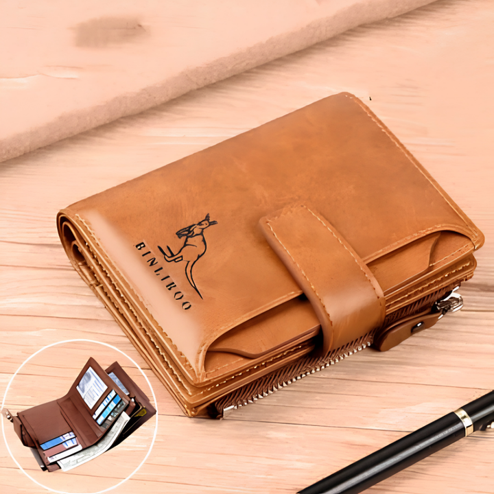 Portefeuille homme fonctionnel en cuir PU marron, offrant élégance et protection RFID essentielle.