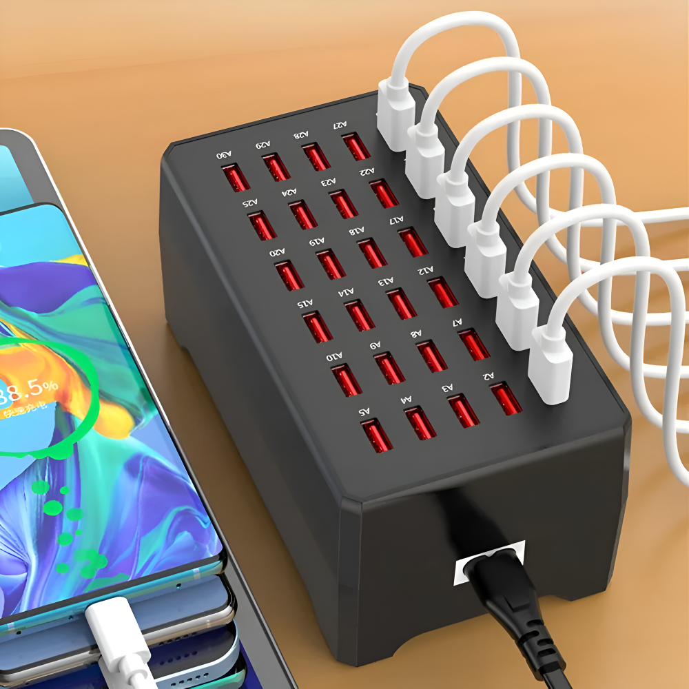 Station de charge USB universelle multi-ports pour 30 appareils. Idéale pour bureau, organise et charge rapidement.