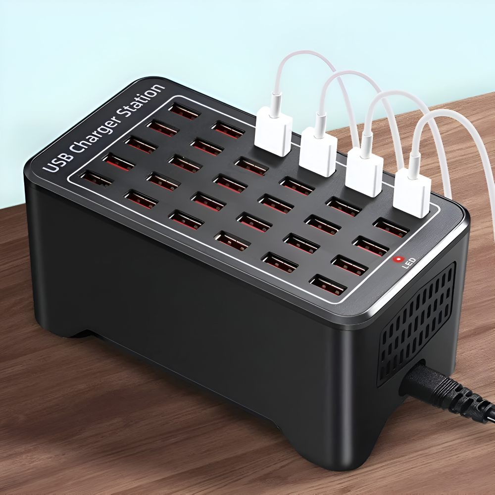 Chargeur USB multi-port universel pour smartphones et tablettes. Station de charge rapide pour 30 appareils.