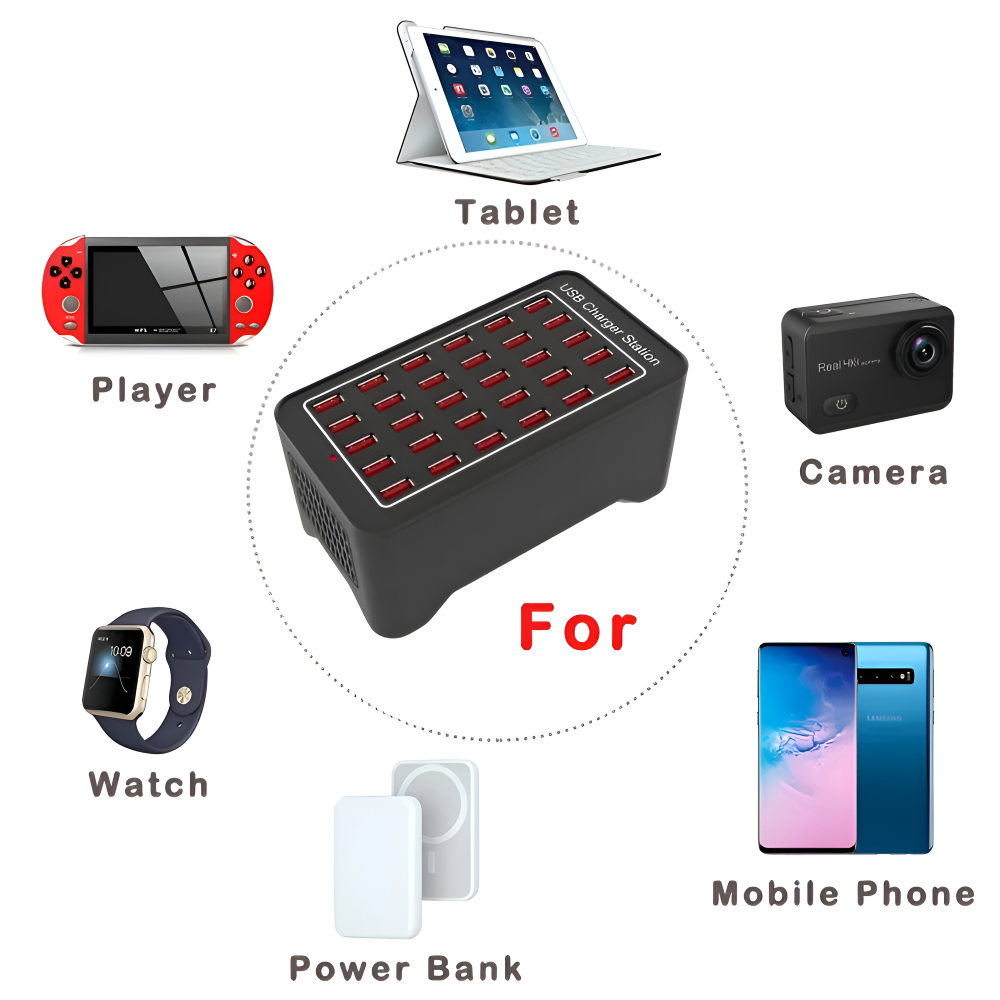 Organisateur de charge USB élégant pour bureau. Simplifie la gestion des câbles et l'alimentation multi-appareils.