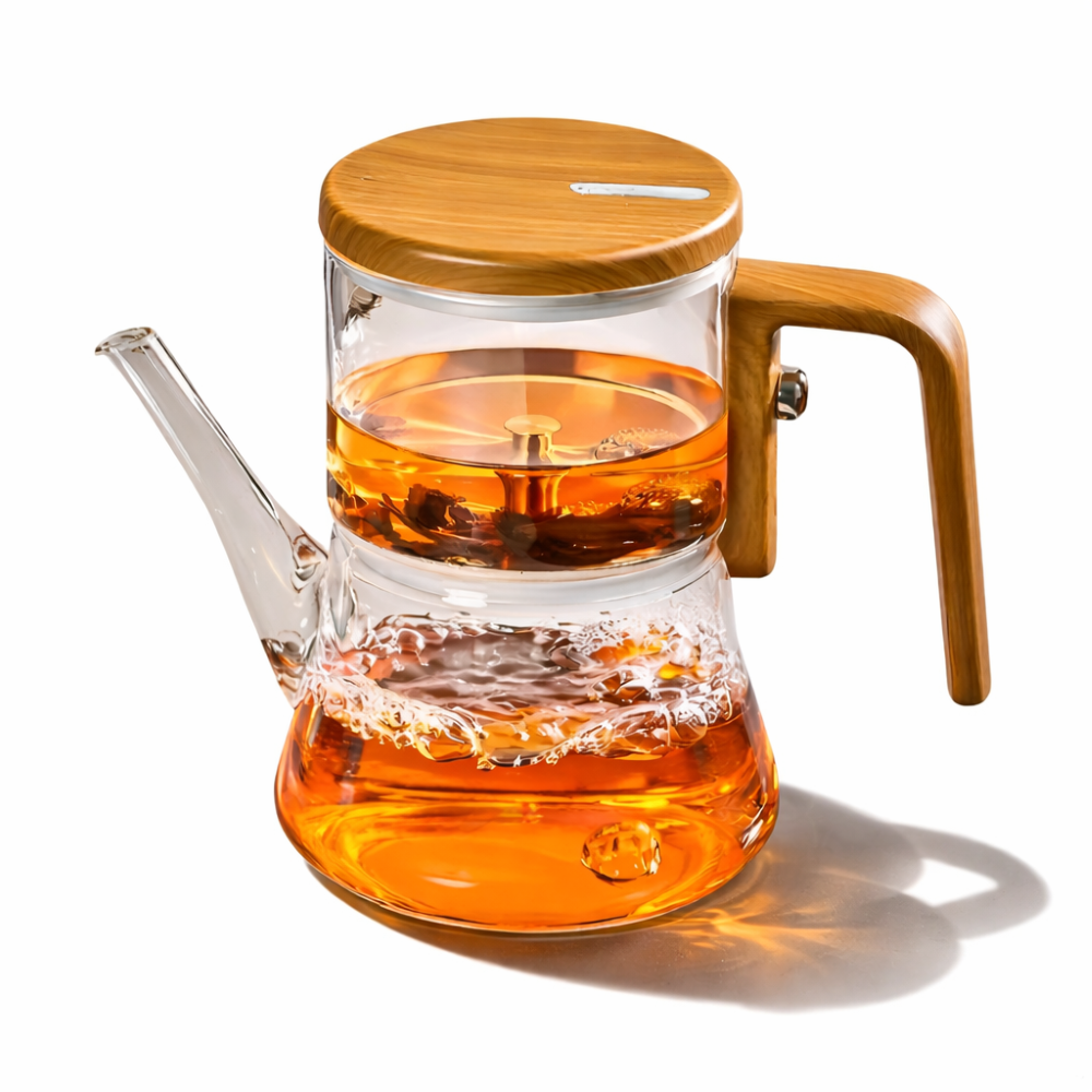 Théière en verre premium 760ml avec filtre magnétique et manche en bois pour infusion de thé élégante.