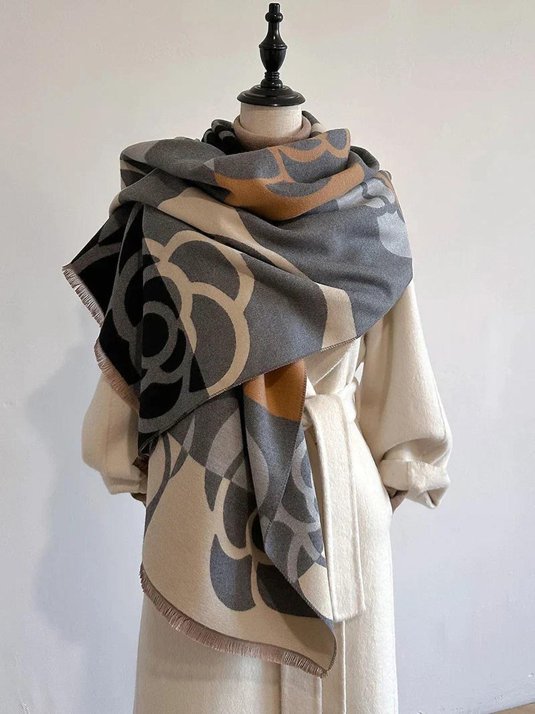 Écharpe cachemire rose/orange/gris, imprimée réversible pour femme, douceur et chaleur en hiver.