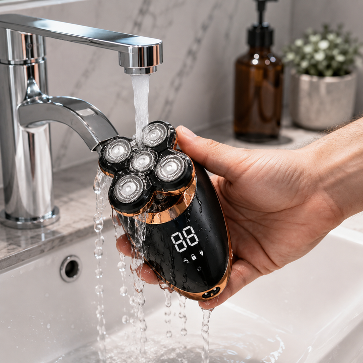 Ensemble tondeuse électrique 5-en-1: machine, accessoires, base de charge. Kit complet de toilettage homme.