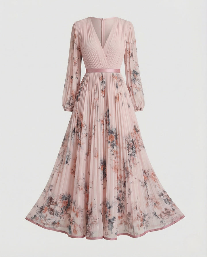 Robe longue plissée chic pour femme, parfaite pour occasions spéciales, soirée, mariage. Manches longues.