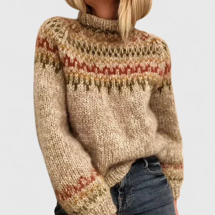 Pull femme chaud et confortable, motif nordique vintage. Idéal automne-hiver. Mode femme décontractée et élégante.