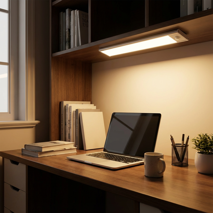Lampe LED rechargeable sans fil pour placard ou escalier, avec intensité lumineuse réglable.