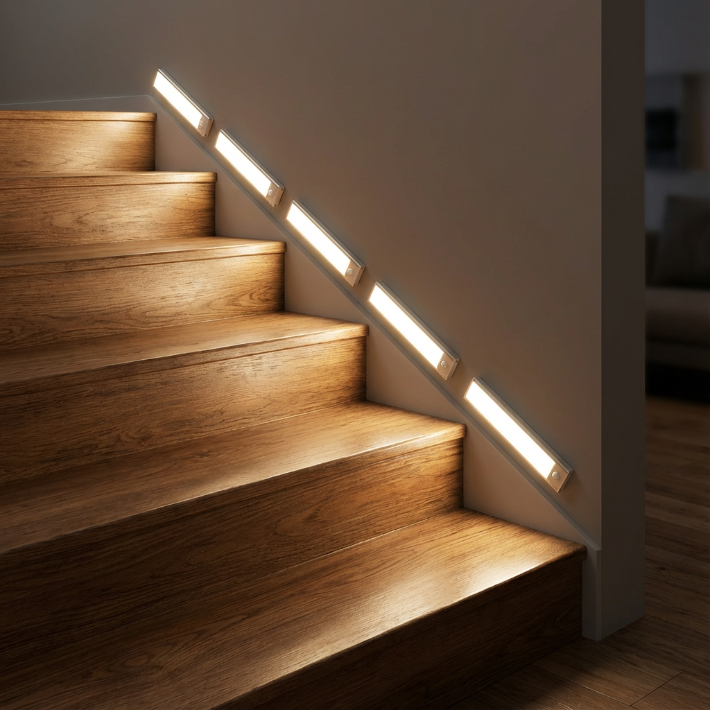 Éclairage escalier LED intelligent, projecteur sans fil USB-C, lumière réglable sécurisée.