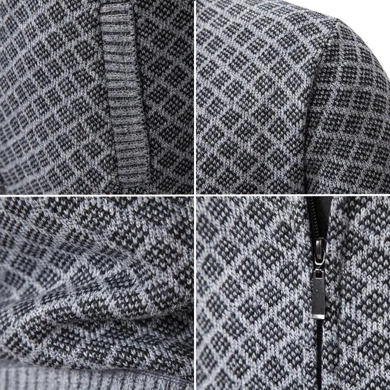 Cardigan homme chaud zippé jacquard, col montant. Un indispensable élégant pour l'hiver.