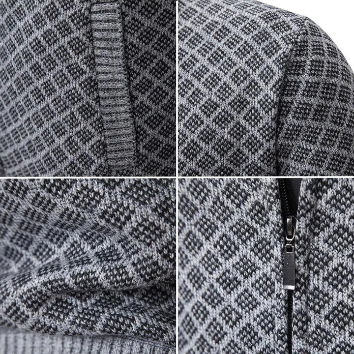 Cardigan homme chaud zippé jacquard, col montant. Un indispensable élégant pour l'hiver.