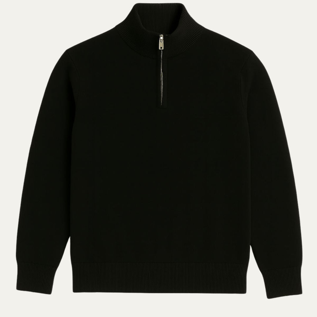 Pull homme col montant zippé, coupe droite, vêtement confortable et stylé pour l'hiver.