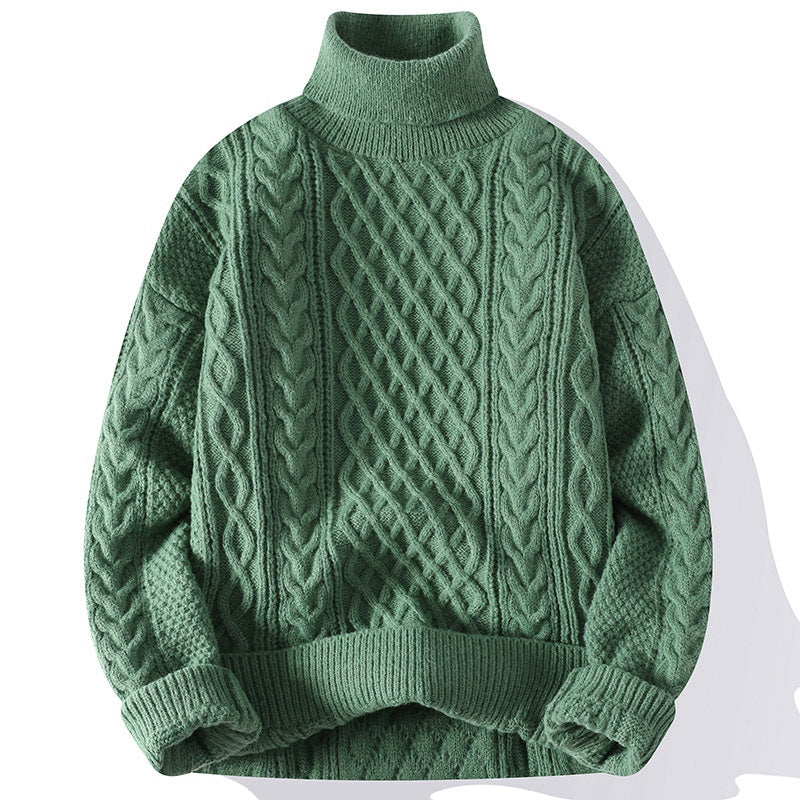 Pull homme vert col roulé, tricot chaud, confort durable et look décontracté.