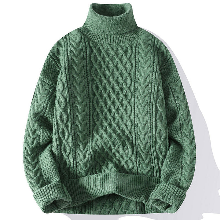 Pull homme vert col roulé, tricot chaud, confort durable et look décontracté.