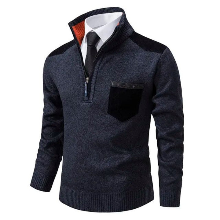 Pull homme d'hiver en maille texturée, demi-zip. Casual chic avec poche, parfait pour votre confort.
