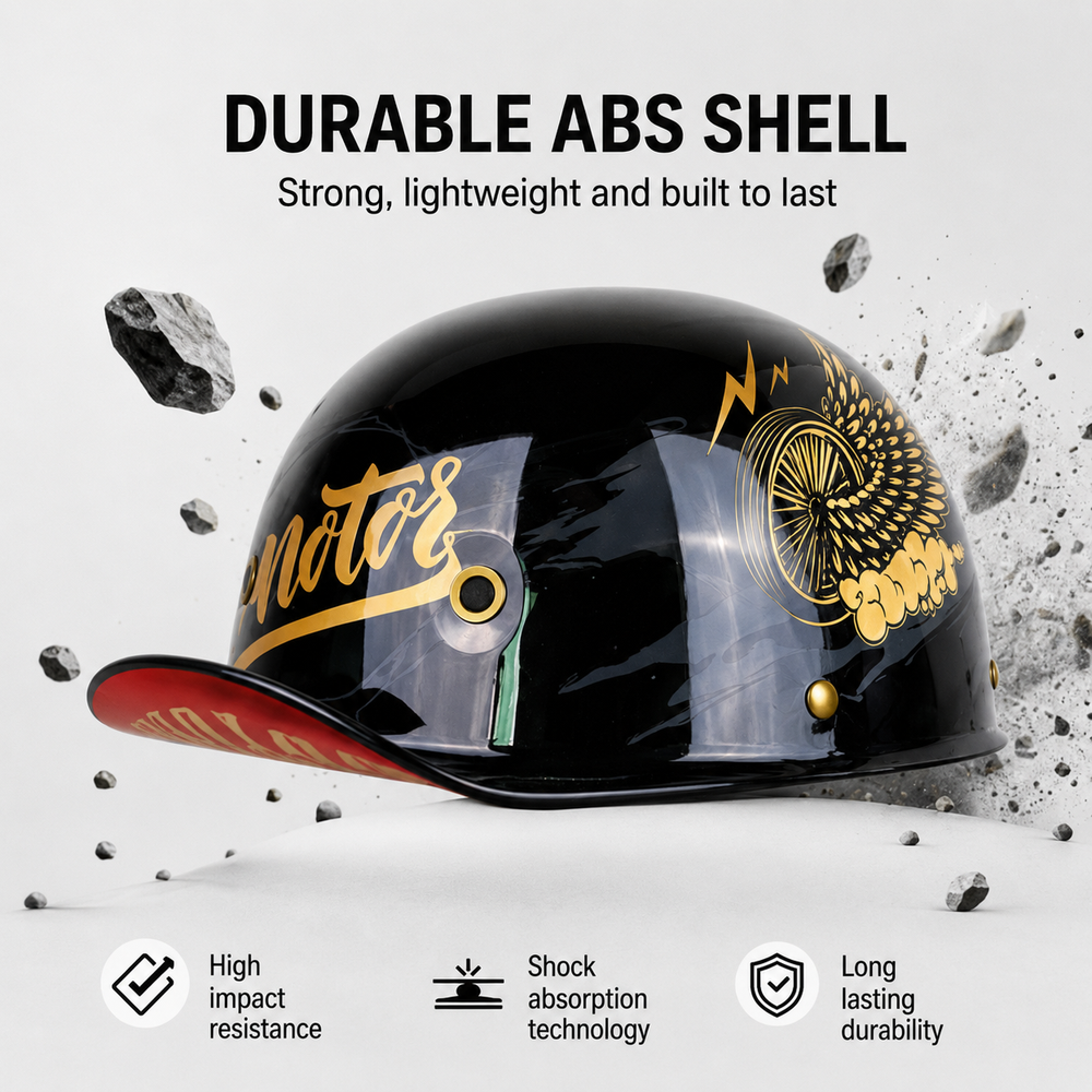 Casque demi-jet PulseCap moderne, sécurité moto, design casquette de baseball.