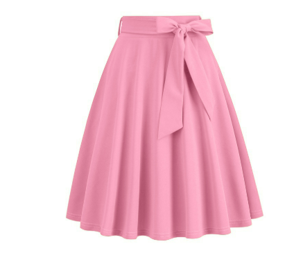 Détail du nœud latéral sur jupe midi A-line taille haute. Tendance et polyvalente pour femme.
