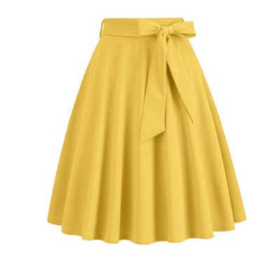 Jupe midi A-line femme confortable, taille haute et nœud. Idéale pour un look élégant au bureau ou soirée d'été.