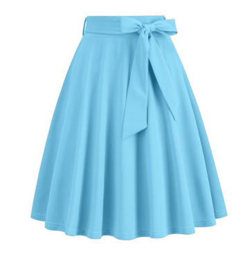 Vue arrière d'une jupe midi A-line femme. La taille haute et le nœud élégant créent une silhouette raffinée.