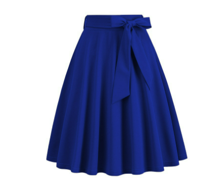 Gros plan sur la taille haute et le nœud latéral d'une jupe midi A-line femme. Détail élégant et mode.