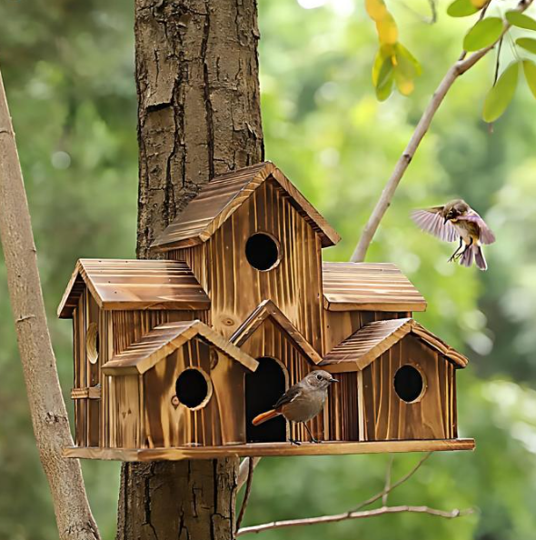 Abri pour oiseaux en bois rustique, fait à la main, pour enrichir la décoration et la faune de votre espace extérieur.