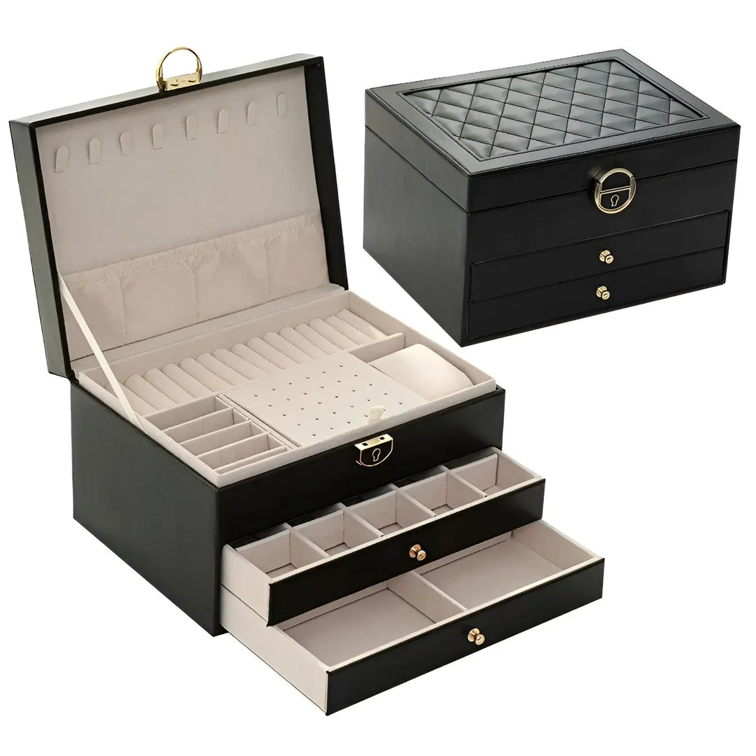 Cadeau femme : boîte à bijoux multi-niveaux en cuir, rangement chic et pratique pour tous vos trésors.