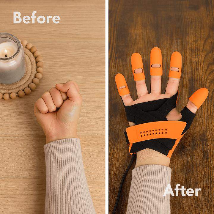 Gant automatique MOTORAFLEX pour réhabilitation main, soutien arthrite, entraînement doigts et physiothérapie.