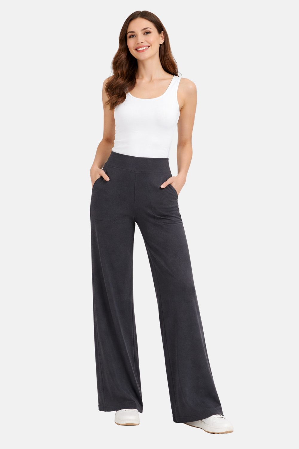 Pantalon slim femme décontracté stretch avec poches, idéal pour le voyage et la mode féminine.