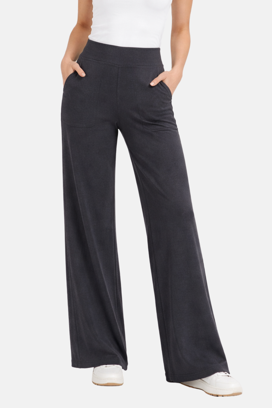 Pantalon stretch femme noir taille haute, élégant et confortable pour le quotidien.