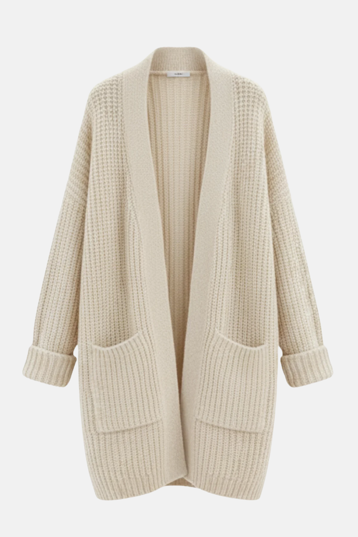 Cardigan long femme Irene, idéal pour une superposition décontractée ou chic en toute saison.