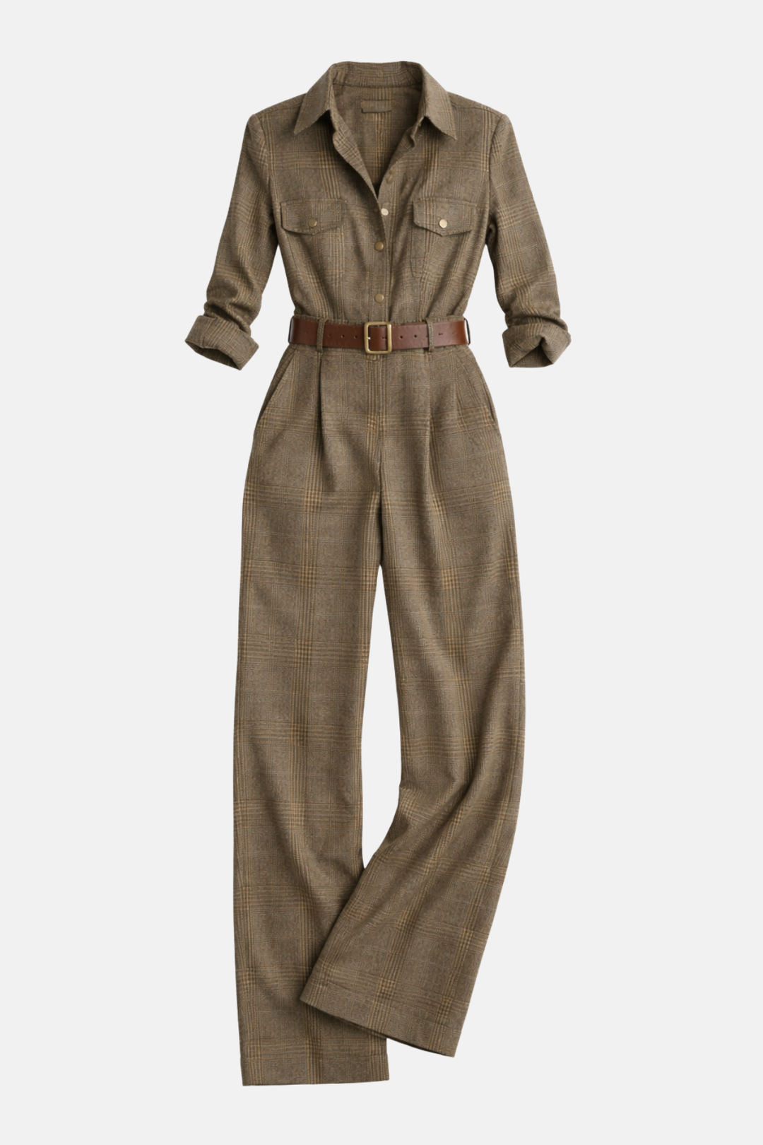 Jumpsuit femme marron noisette coupe cintrée, pour une tenue chic et confortable.