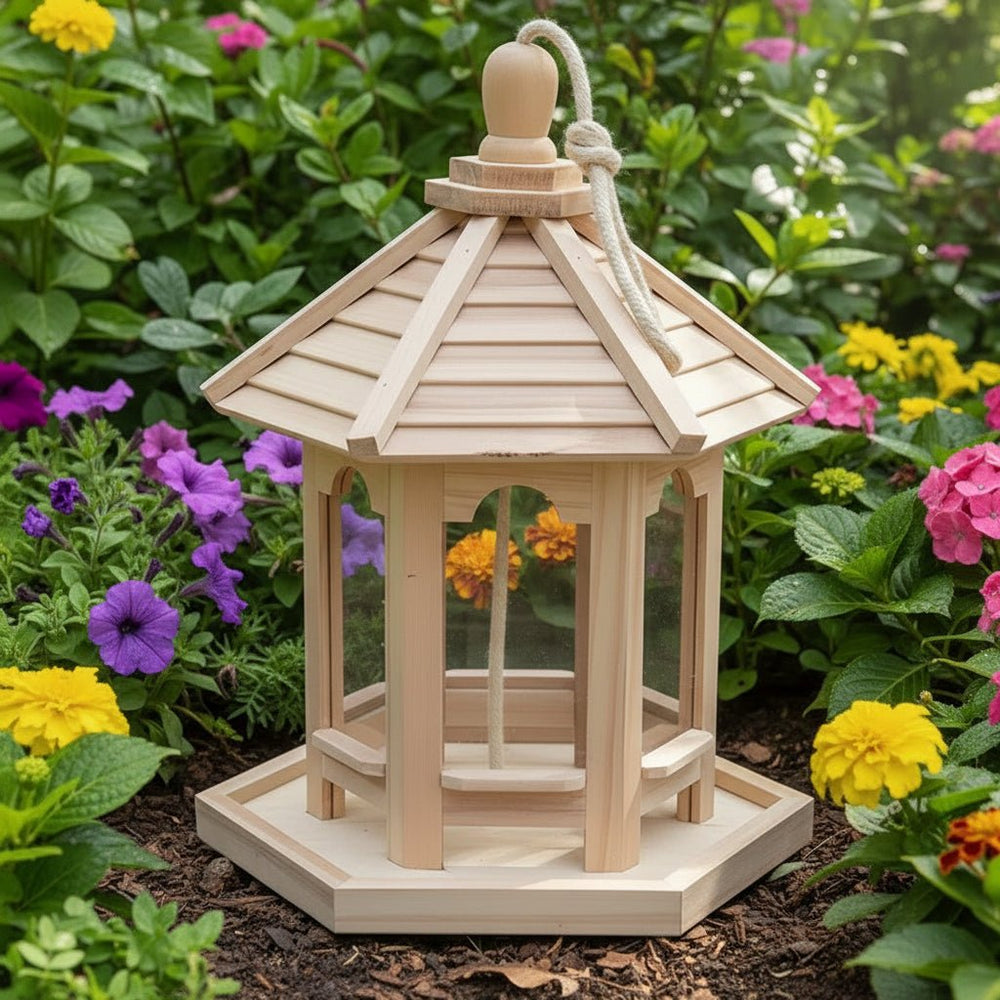 Maisonnette mangeoire en bois naturel suspendue, idéale pour graines d'oiseaux dans le jardin.