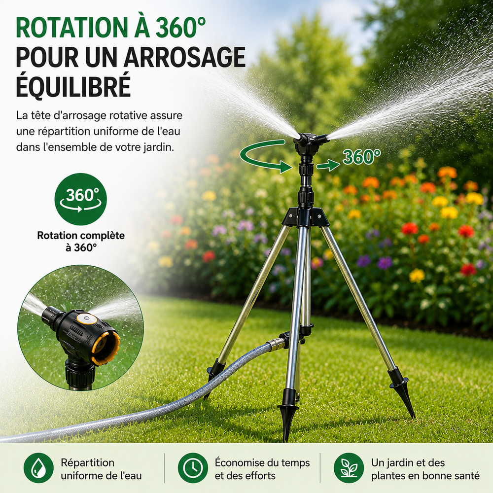 Arroseur de jardin RainSpin automatique et stable, assurant une irrigation uniforme pour votre pelouse.