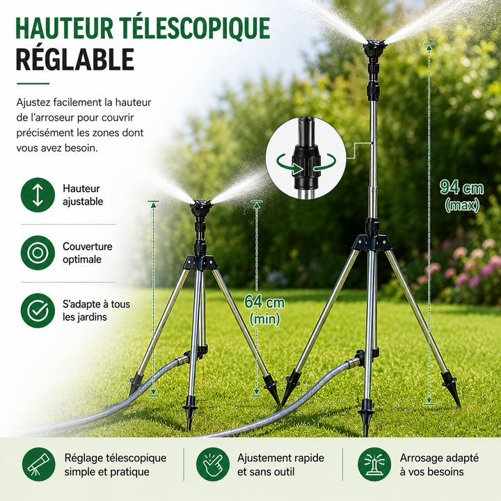 Pulvérisateur RainSpin réglable pour jardin, arrosage circulaire couvrant de grandes surfaces de pelouse.