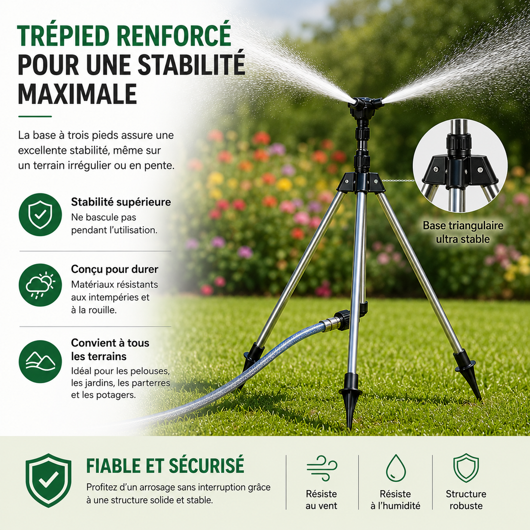 Système d'arrosage extérieur RainSpin automatique, optimise l'irrigation de votre jardin et pelouse.