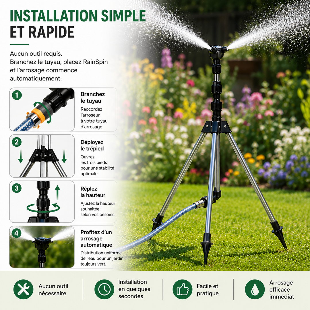 Arroseur rotatif RainSpin pour jardin, avec mouvement circulaire pour un arrosage complet et homogène.