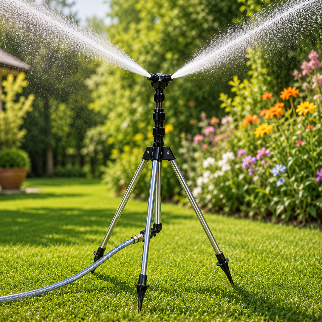 Arroseur RainSpin automatique avec trépied, pour une stabilité parfaite et un arrosage de jardin précis.